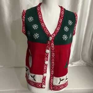 Vintage Christmas-Themed Button-Up Knit Sweater Vest Size M  Snowman & Tree Des